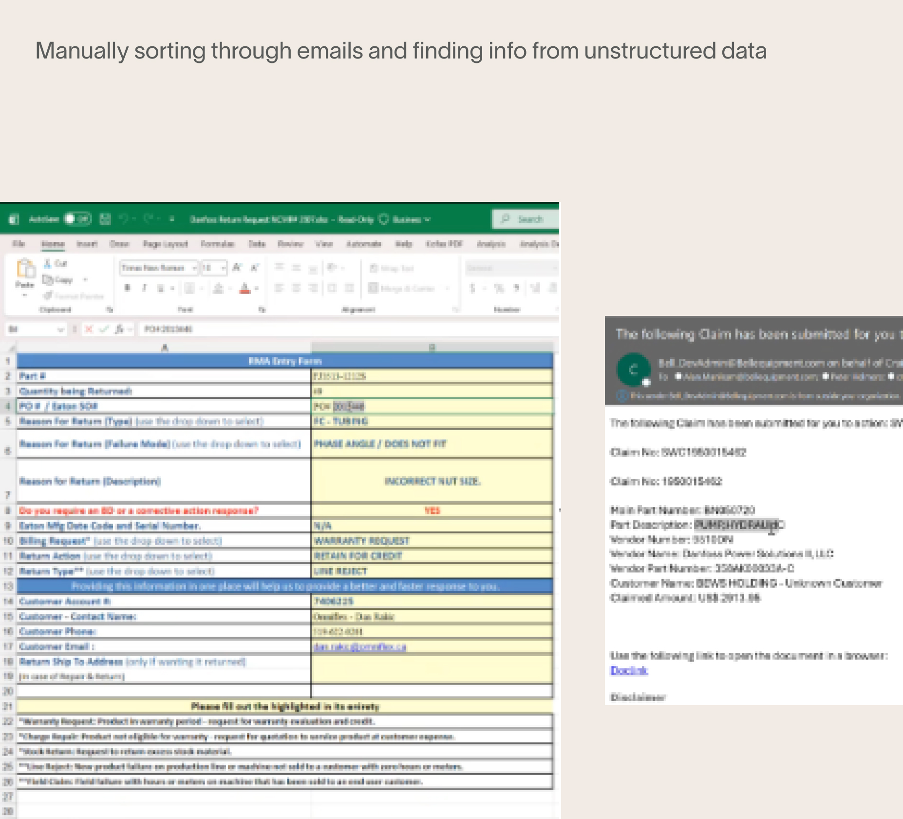 Manually sorting through emails and finding info from unstructured data